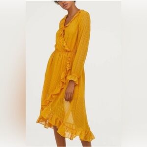 H&M Calf-length Mustard Yellow ruffles V-neck wrapover dress Size 8 Swiss Dots
